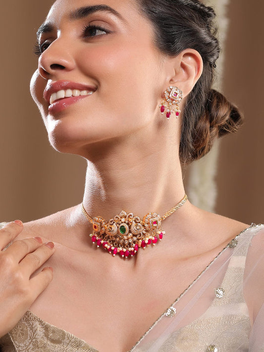 American Diamond Zirconia Red Beads Necklace Set フリーサイズ