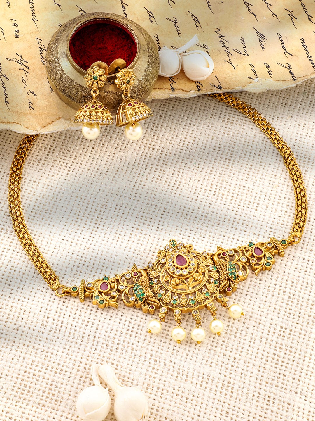 Multicolor Studded Peacock Motif Gold Necklace Set Gold