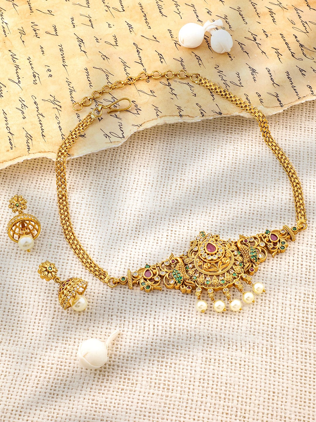 Multicolor Studded Peacock Motif Gold Necklace Set Gold