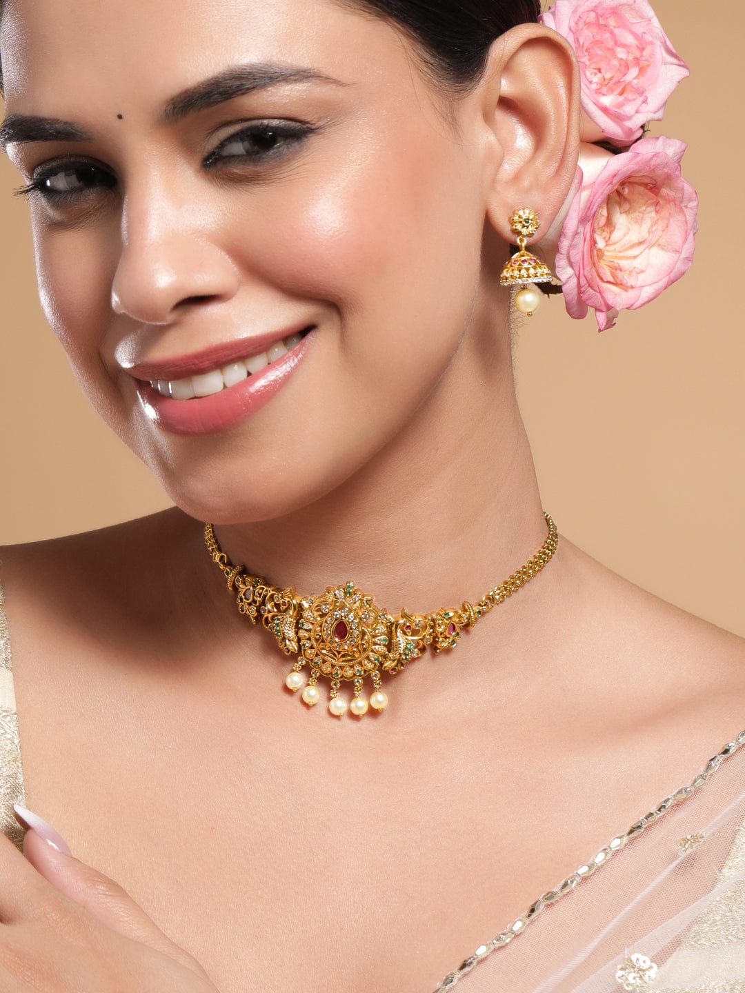 Multicolor Studded Peacock Motif Gold Necklace Set Gold