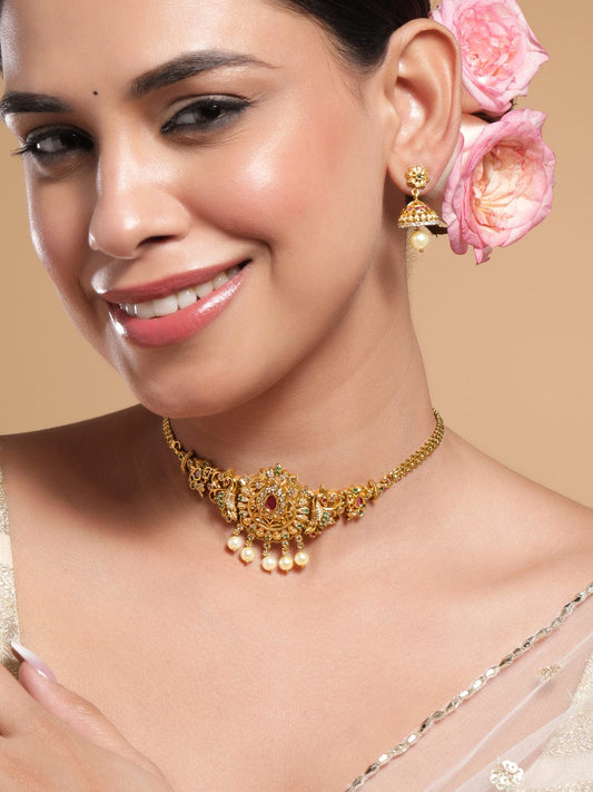Multicolor Studded Peacock Motif Gold Necklace Set Gold
