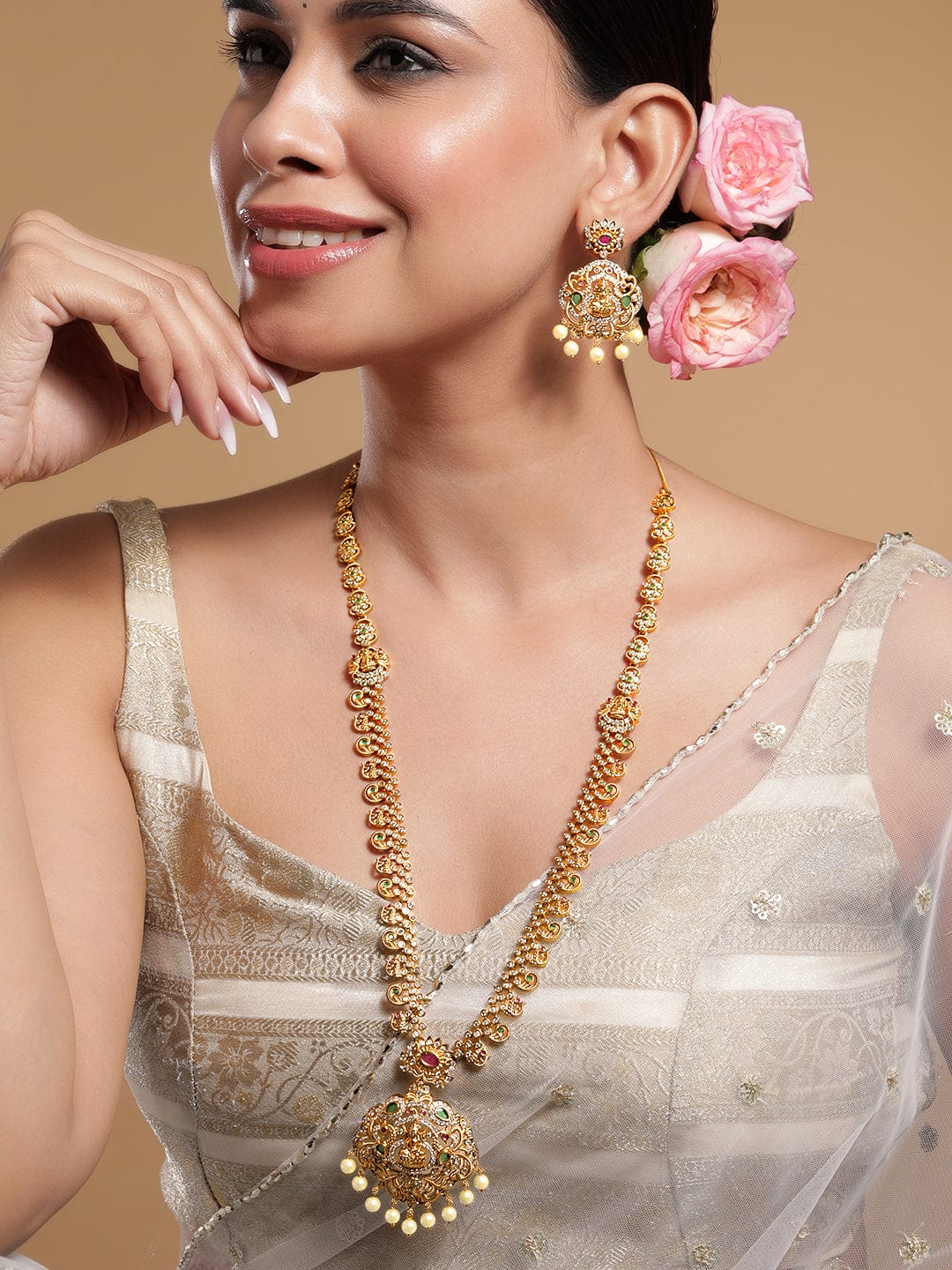 Gold Studded Temple Necklace Set フリーサイズ