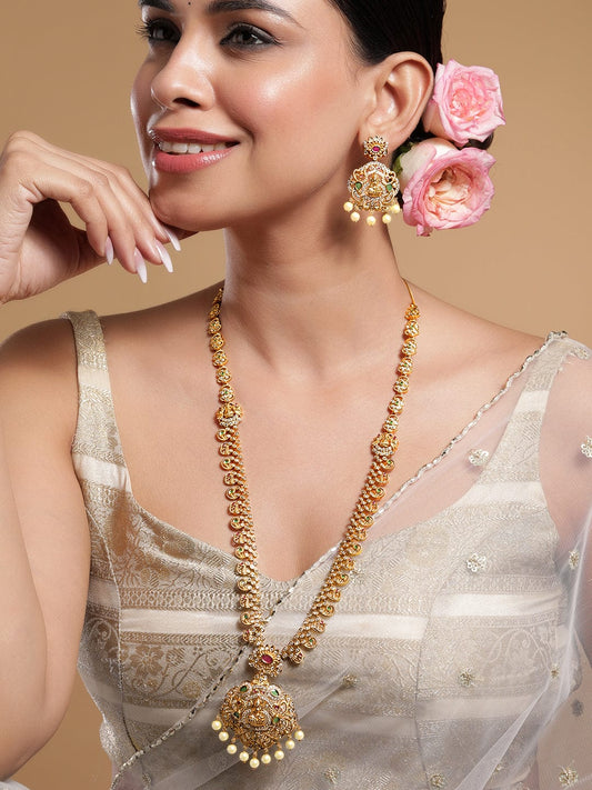 Gold Studded Temple Necklace Set フリーサイズ