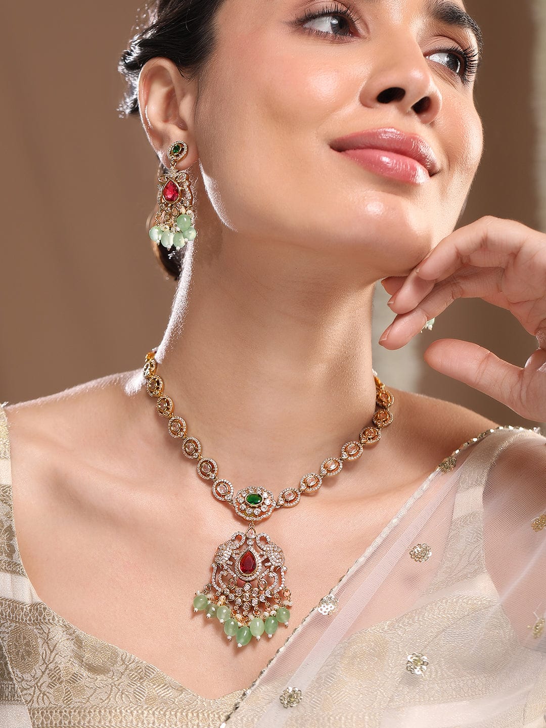 American Diamond Zirconia Green Beaded Necklace set Mint Green