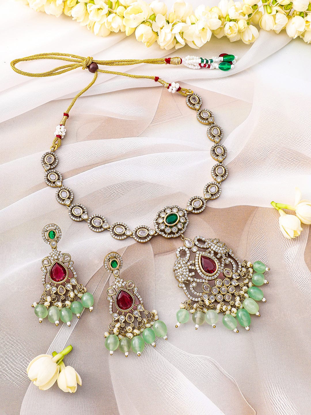 American Diamond Zirconia Green Beaded Necklace set Mint Green