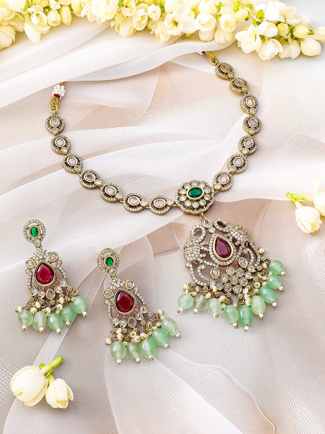 American Diamond Zirconia Green Beaded Necklace set Mint Green