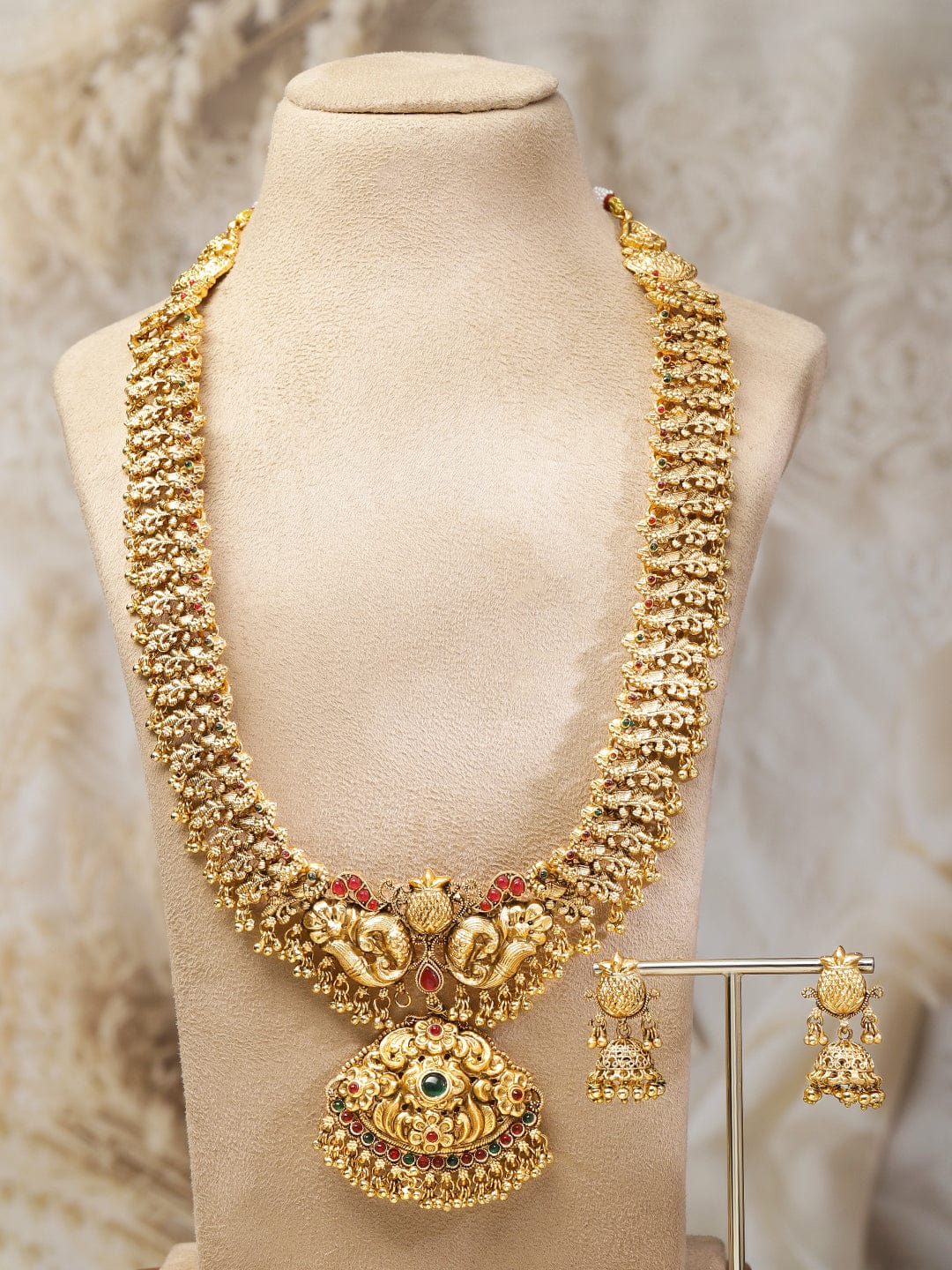 Red & Green Studded Temple Necklace Set フリーサイズ