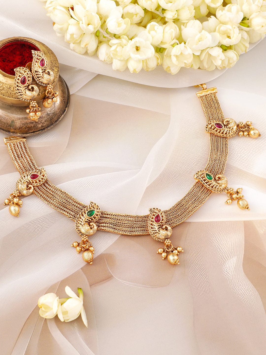 Peacock Motif Golden Necklace Set フリーサイズ