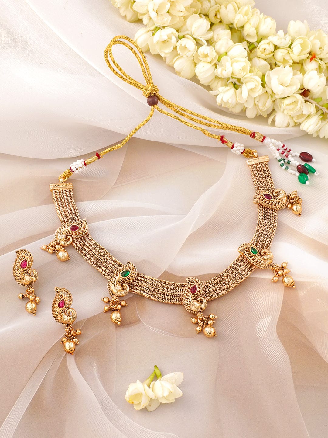 Peacock Motif Golden Necklace Set フリーサイズ