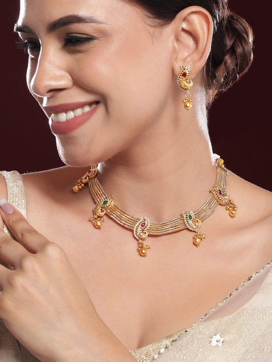 Peacock Motif Golden Necklace Set フリーサイズ