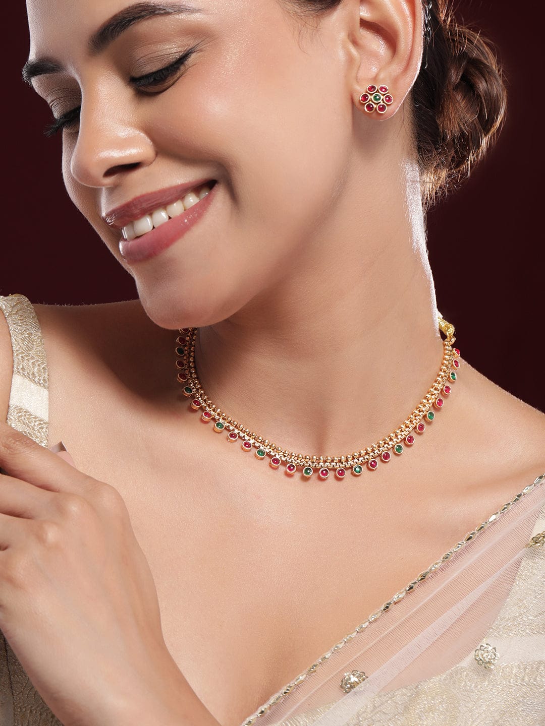Pink & Green Necklace Set Gold