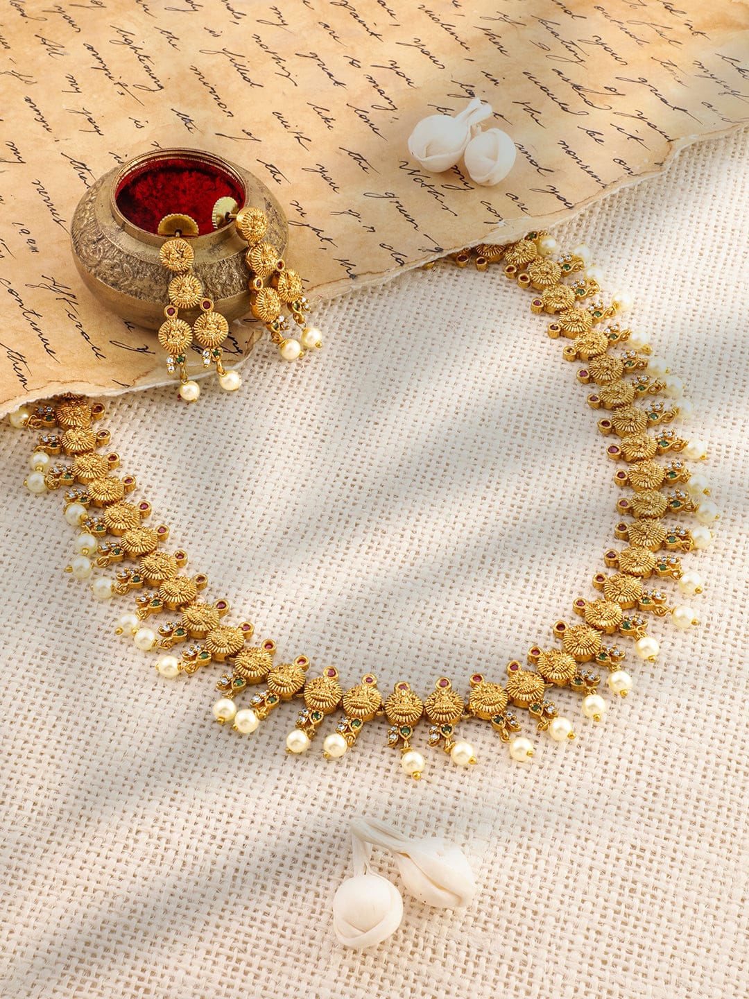 Green & Red Laxmi Motif Pearl Necklace set Gold