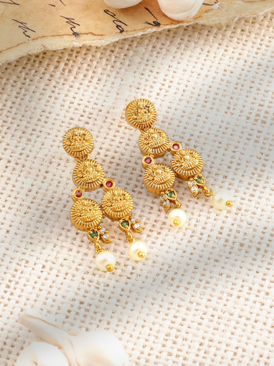 Green & Red Laxmi Motif Pearl Necklace set Gold