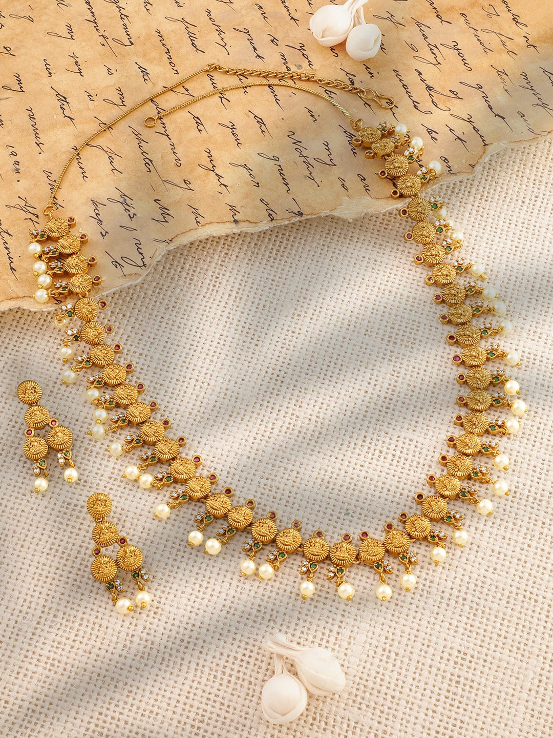 Green & Red Laxmi Motif Pearl Necklace set Gold