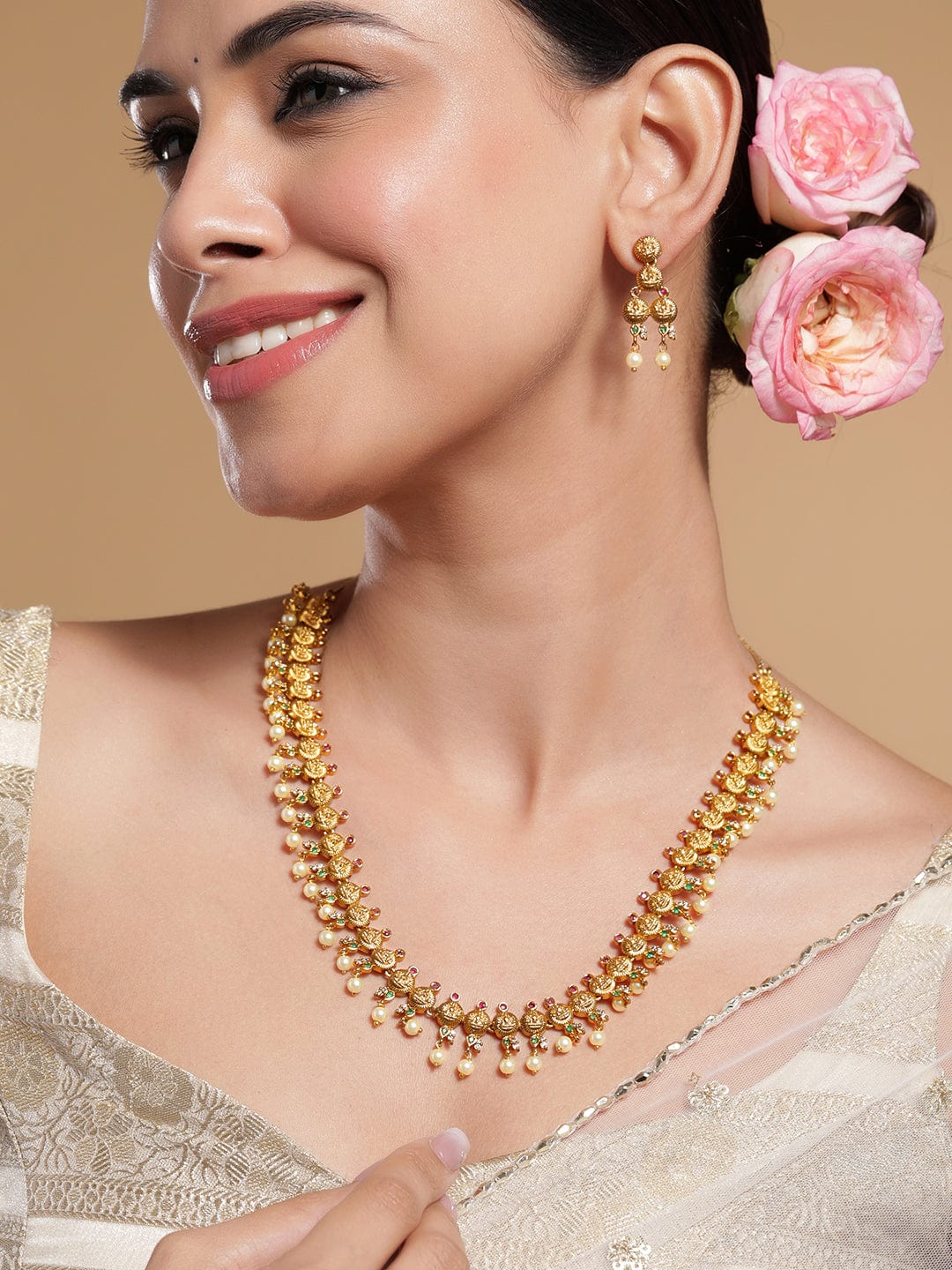 Green & Red Laxmi Motif Pearl Necklace set Gold