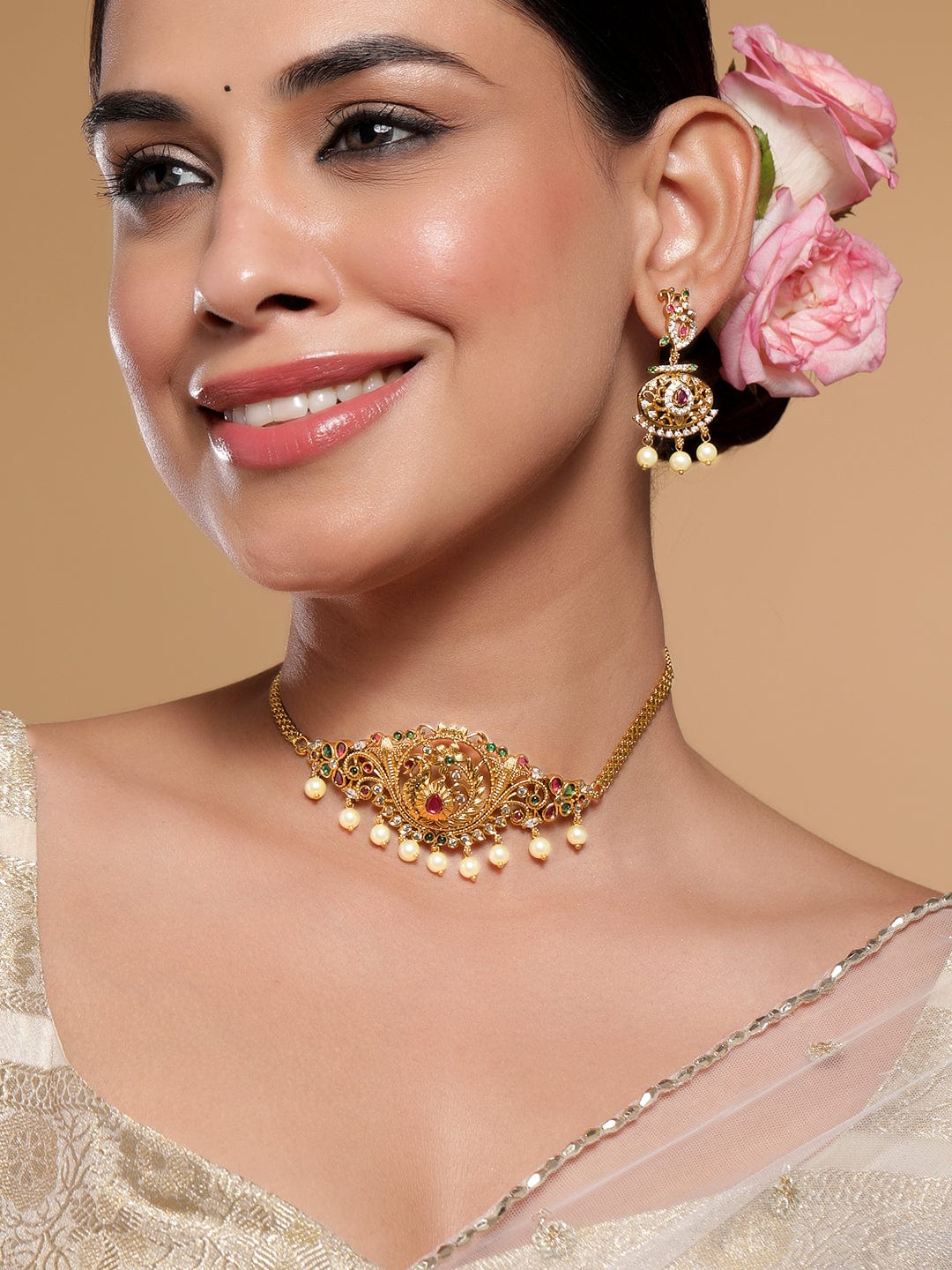 Peacock Motif Multicolor Studded Necklace Set Gold