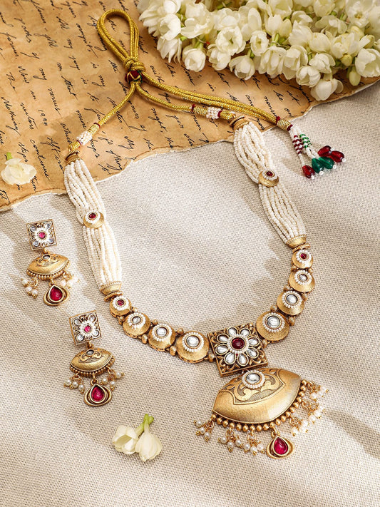 Tradition Pride with Kundan & Red Necklace Set Gold