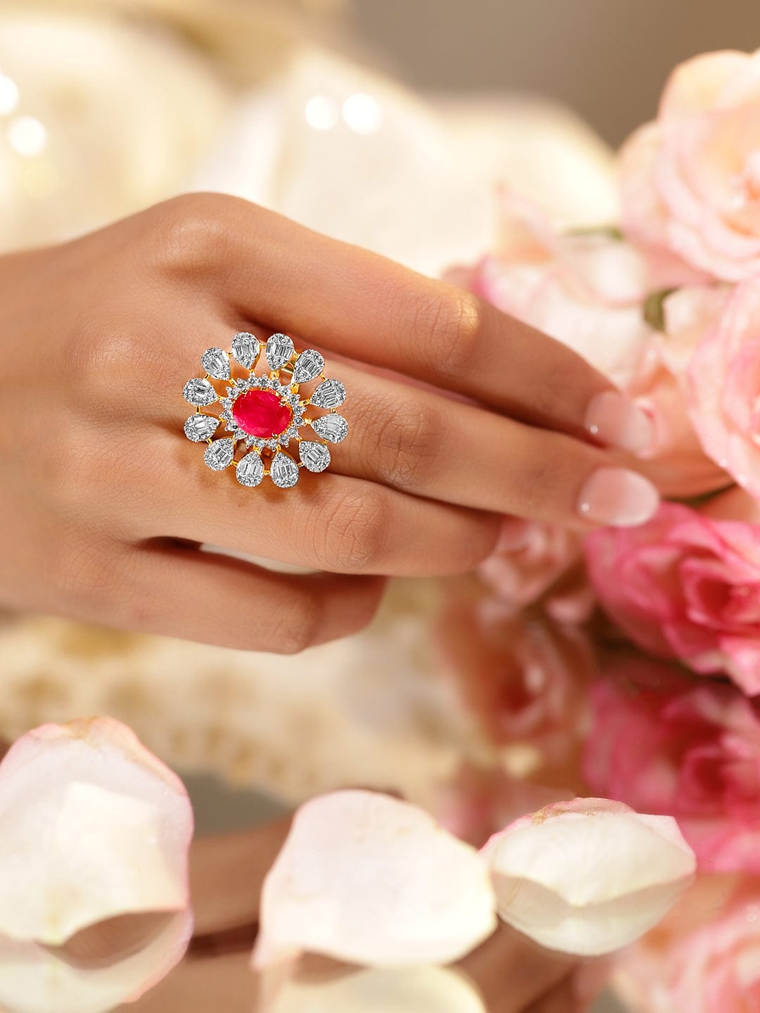 American Diamond Zirconia Pink Floral Ring Pink