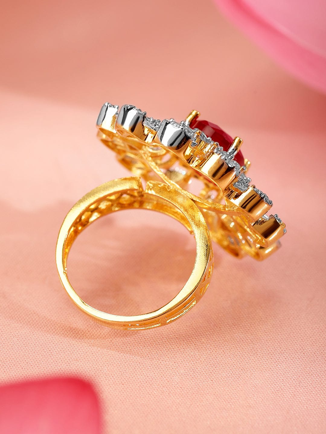 American Diamond Zirconia Pink Floral Ring Pink