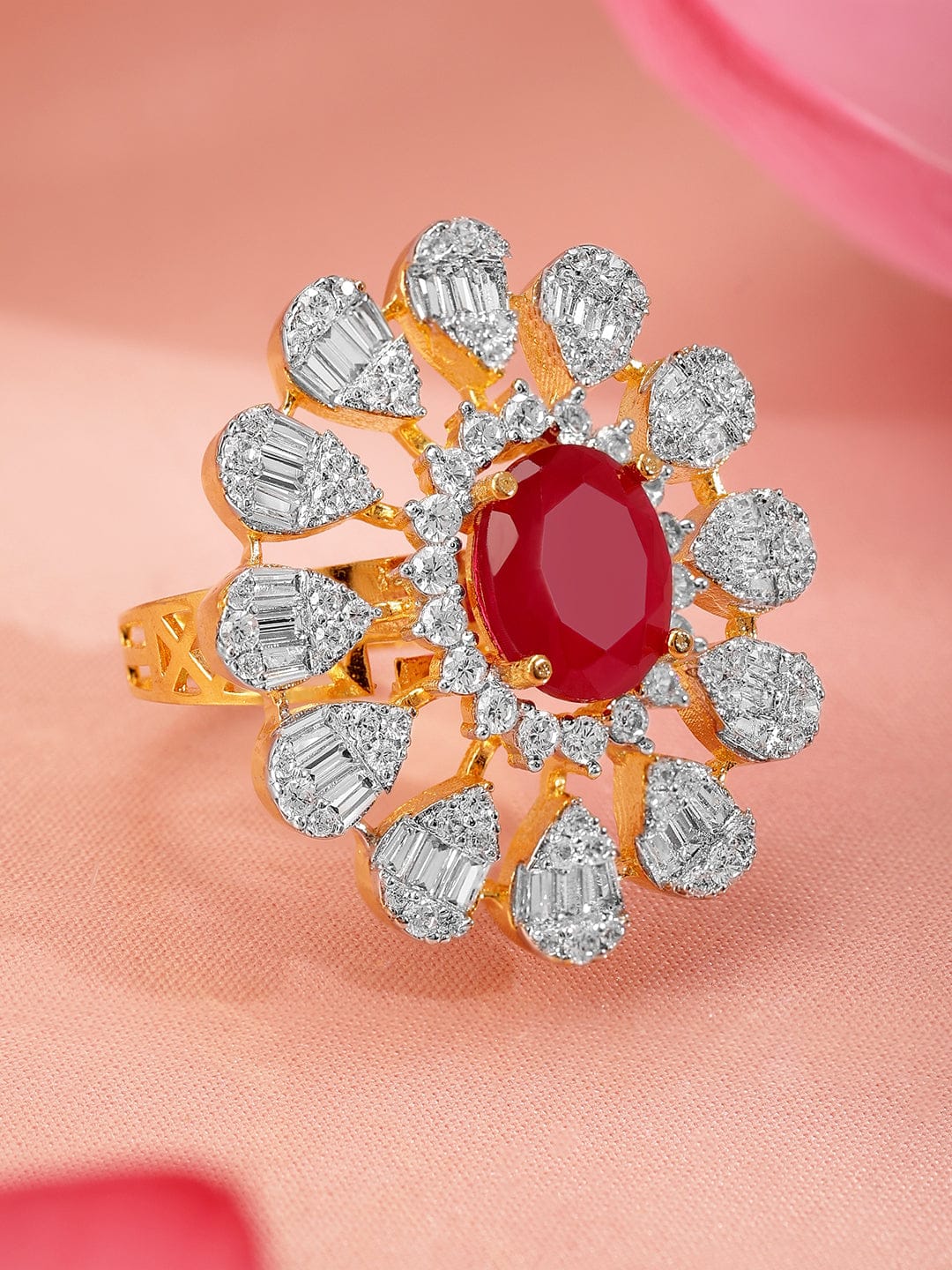 American Diamond Zirconia Pink Floral Ring Pink