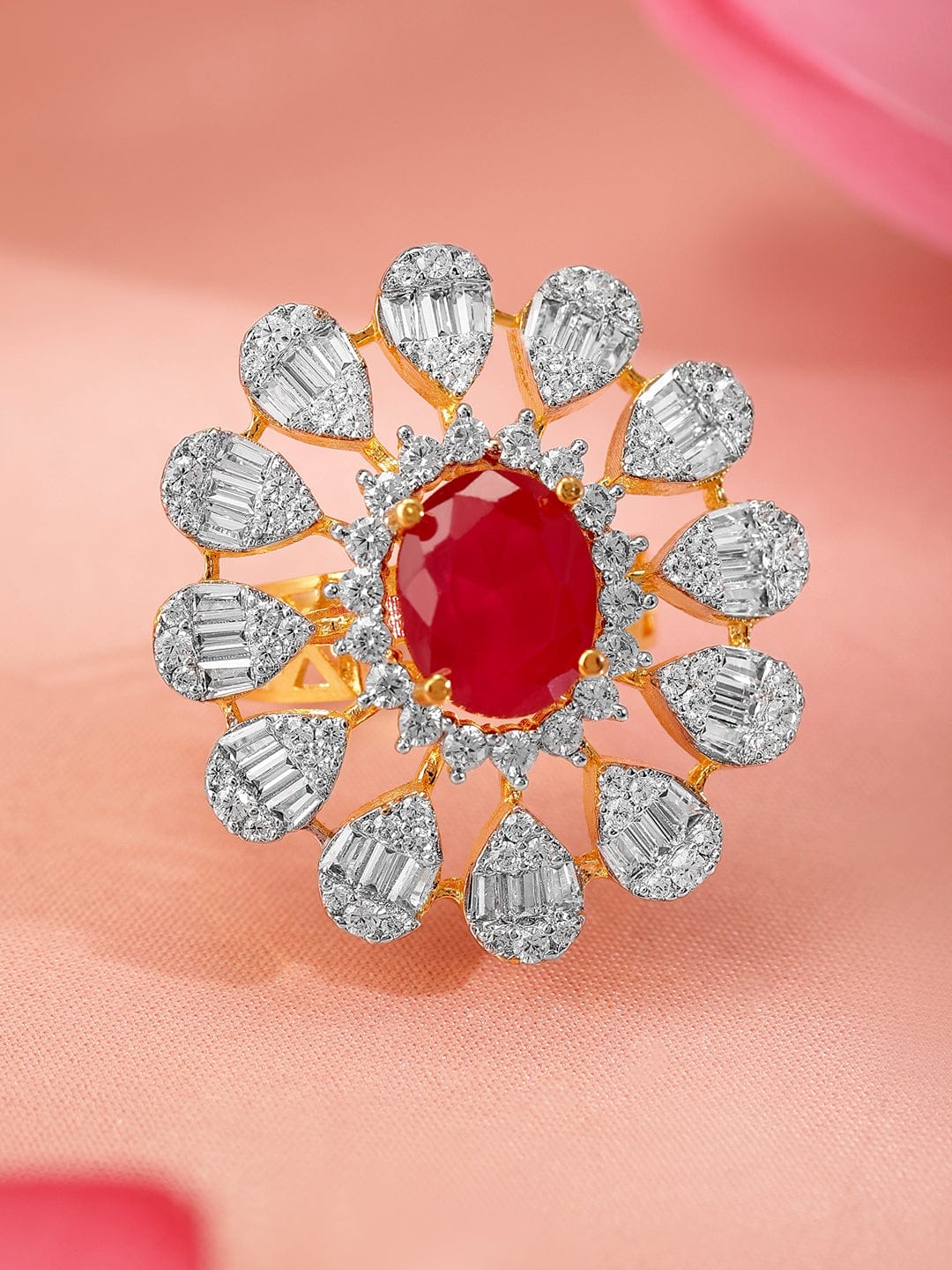 American Diamond Zirconia Pink Floral Ring Pink