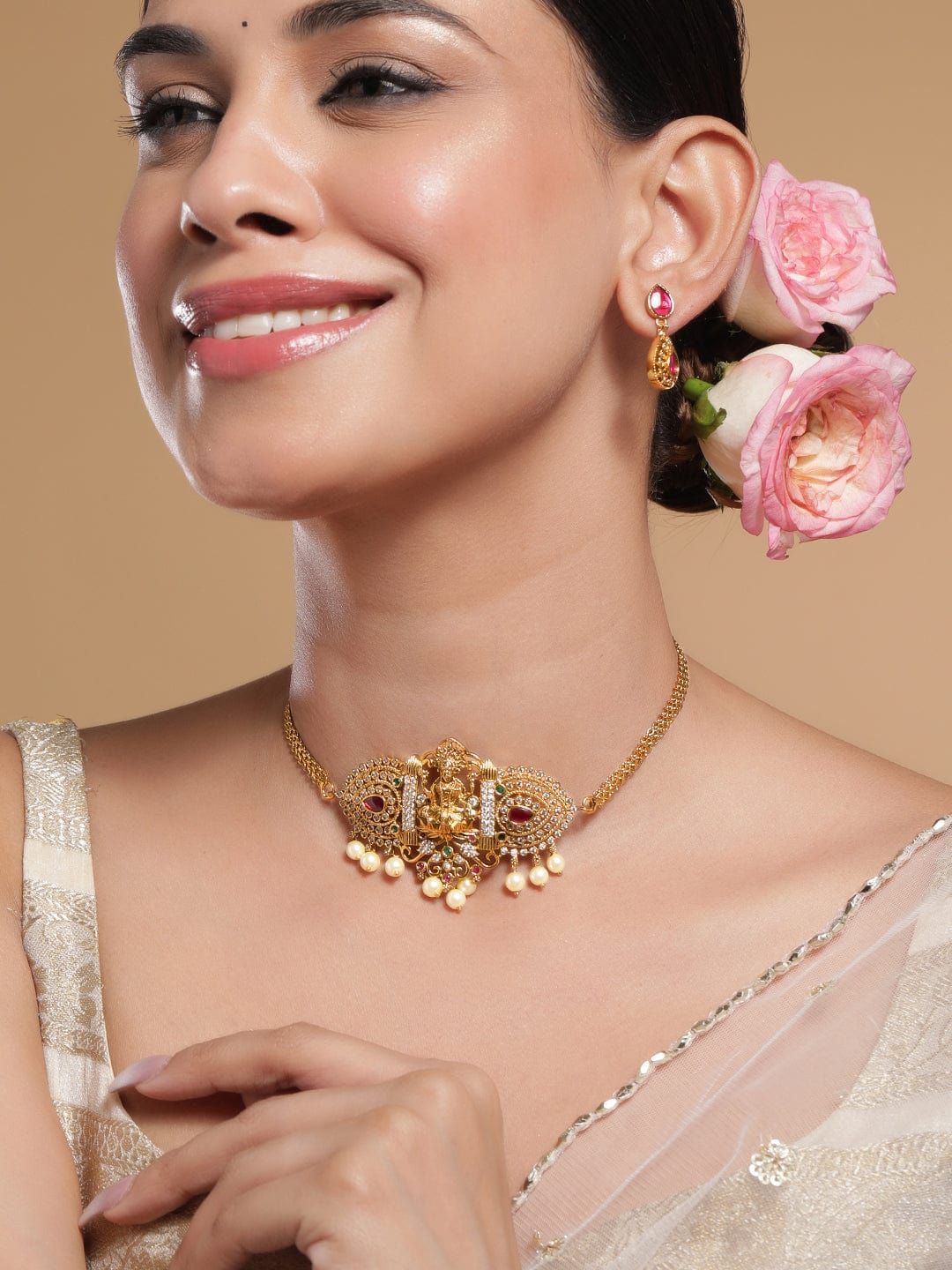 American Diamond Zirconia Pink Studded Temple Necklace Set フリーサイズ