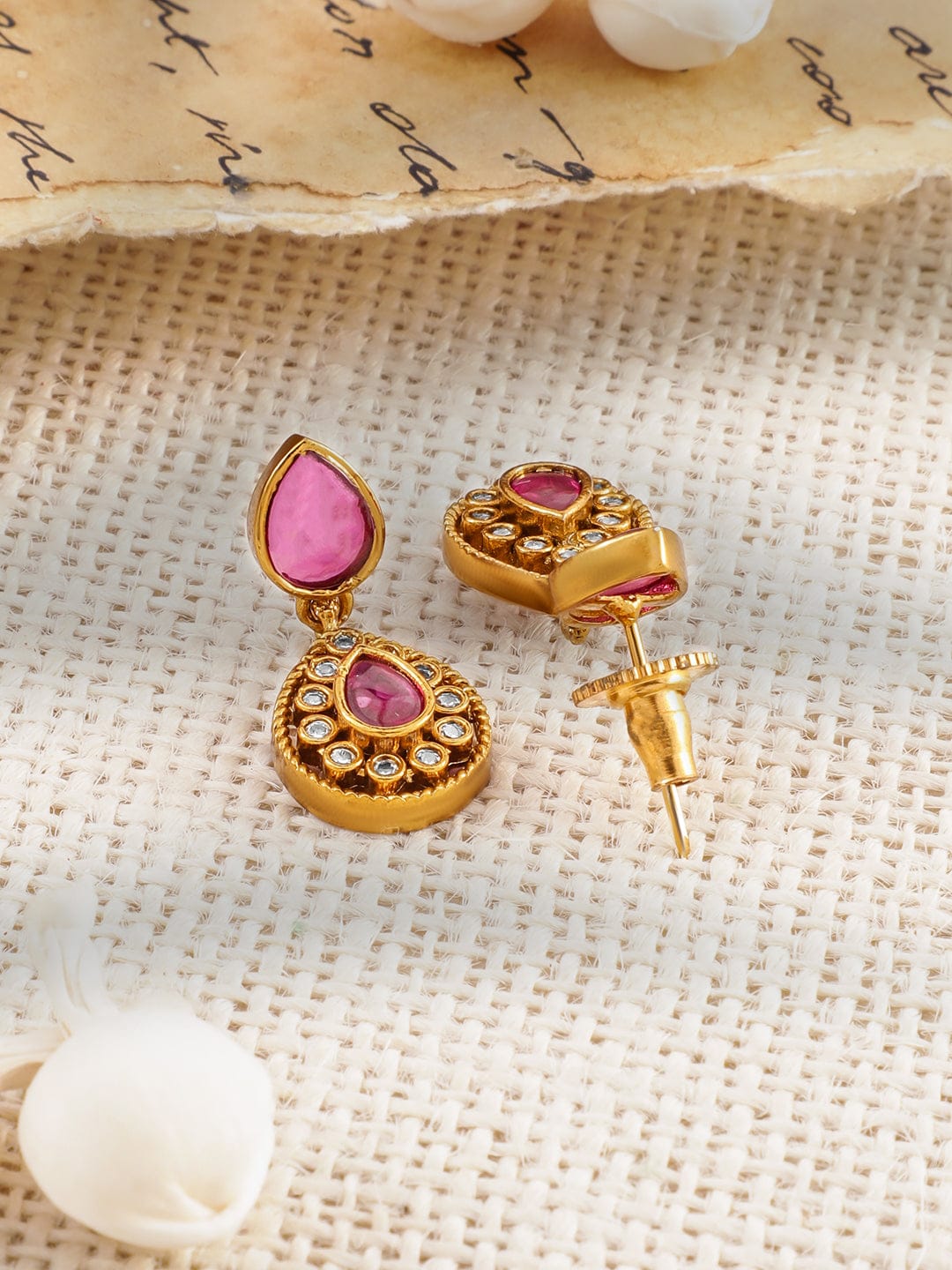 American Diamond Zirconia Pink Studded Temple Necklace Set フリーサイズ