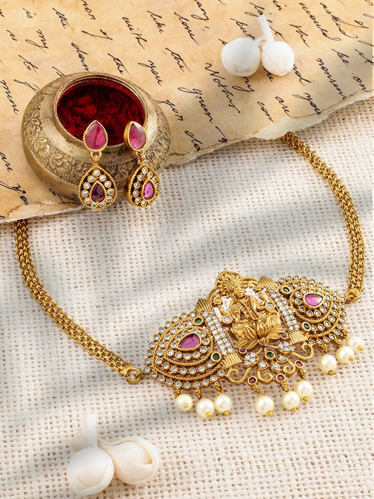 American Diamond Zirconia Pink Studded Temple Necklace Set フリーサイズ