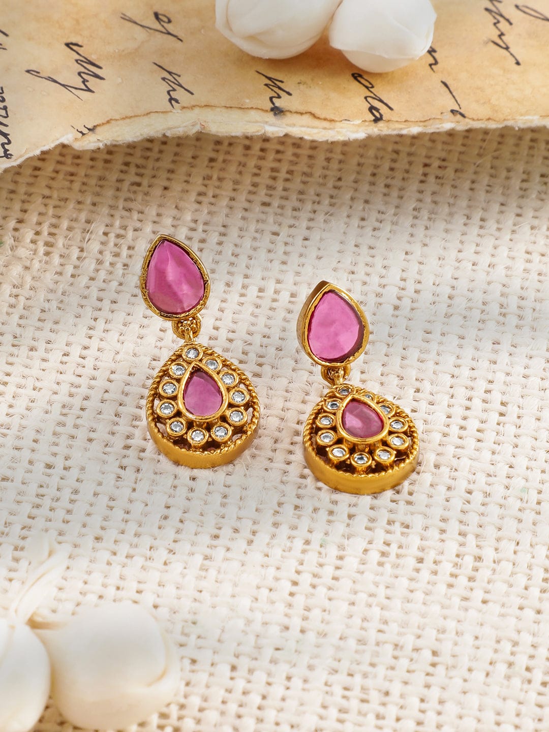 American Diamond Zirconia Pink Studded Temple Necklace Set フリーサイズ