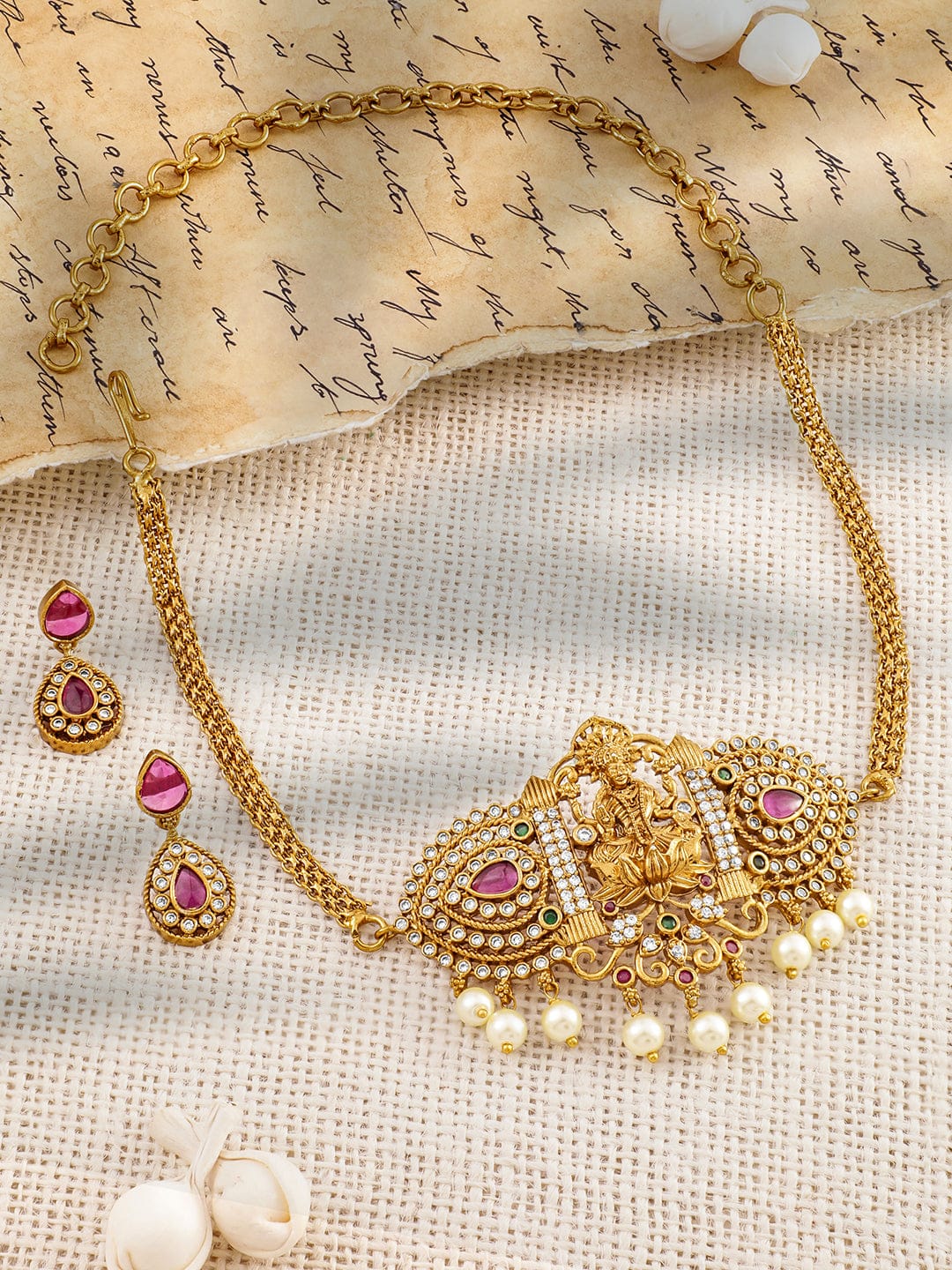 American Diamond Zirconia Pink Studded Temple Necklace Set フリーサイズ