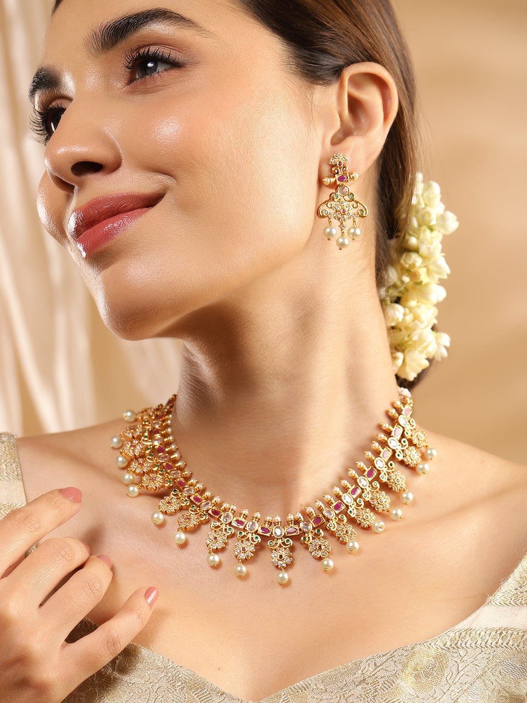 Rubans 22K Gold Plated Ruby Pink, Emerald & Cubic Zirconia Studded Floral Jewellery Set Gold
