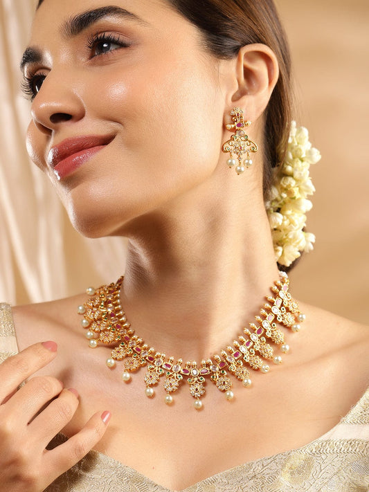 Rubans 22K Gold Plated Ruby Pink, Emerald & Cubic Zirconia Studded Floral Jewellery Set Gold