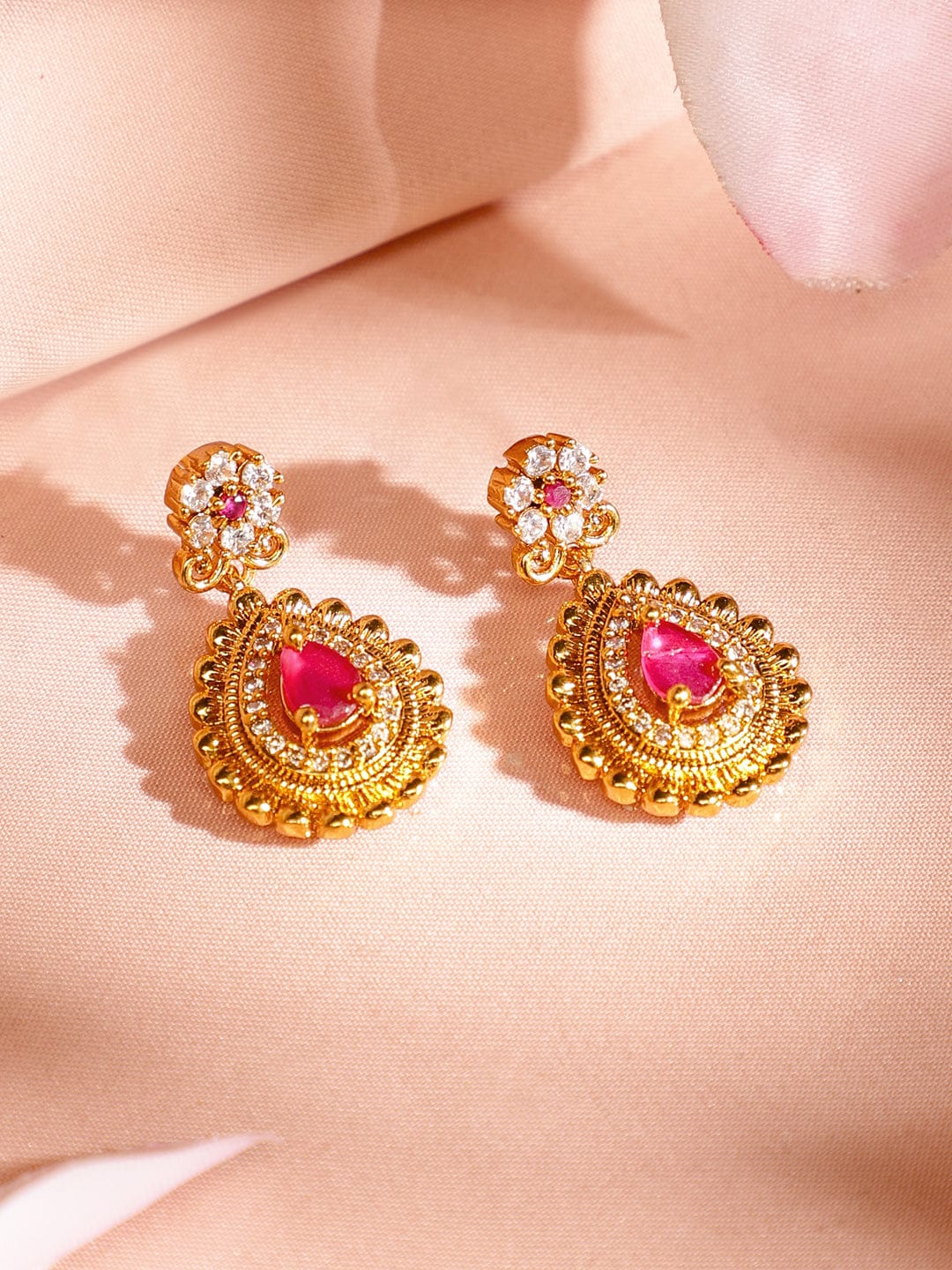 Peacock Motif American Diamond Zirconia Gold Necklace Set Green & pink