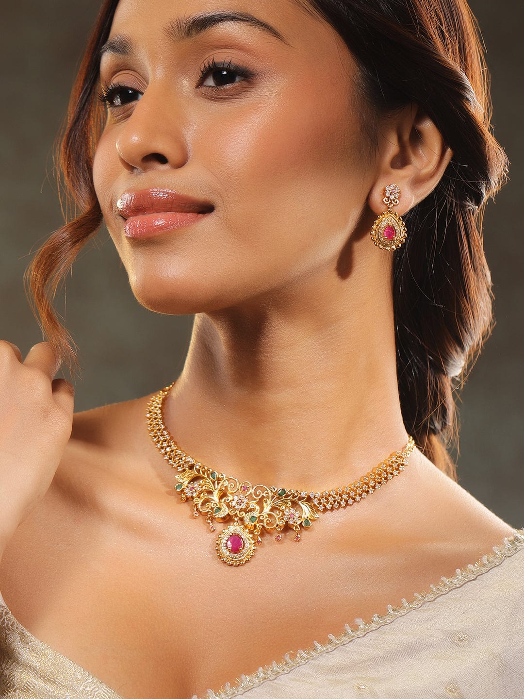 Peacock Motif American Diamond Zirconia Gold Necklace Set Green & pink