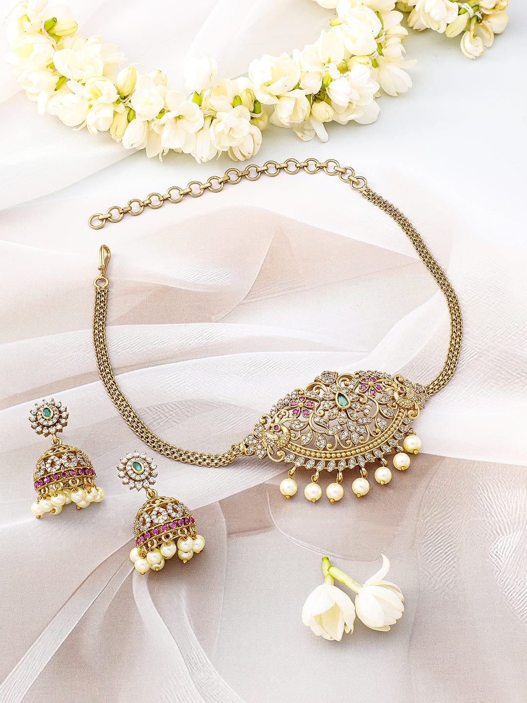 American Diamond Zirconia Necklace With Pearl Drops Gold