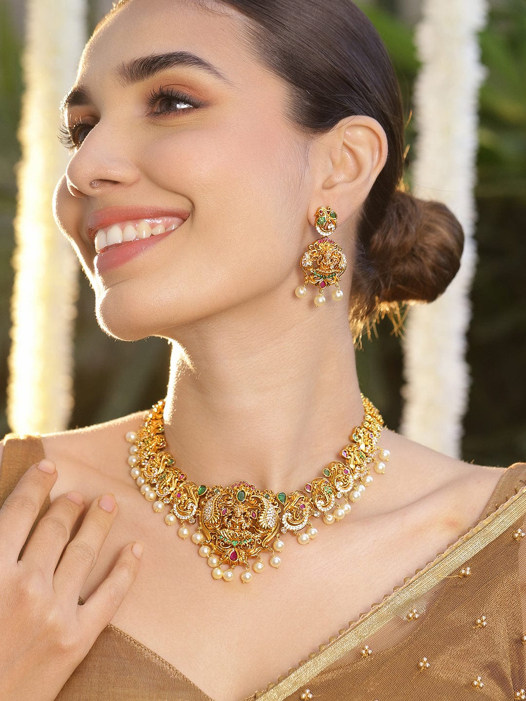 Peacock Motif Gold Toned Pearl Necklace Set フリーサイズ
