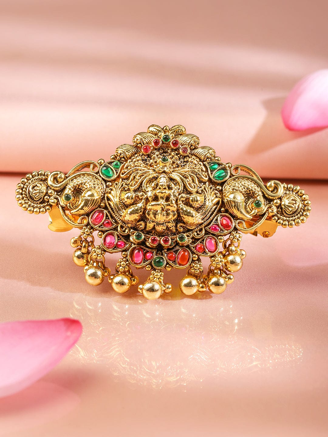 Rubans 22K Gold-Plated Ruby Pink & Emerald Green Stone Studded Goddess Lakshmi Temple Hair Clip with Hanging Beads フリーサイズ