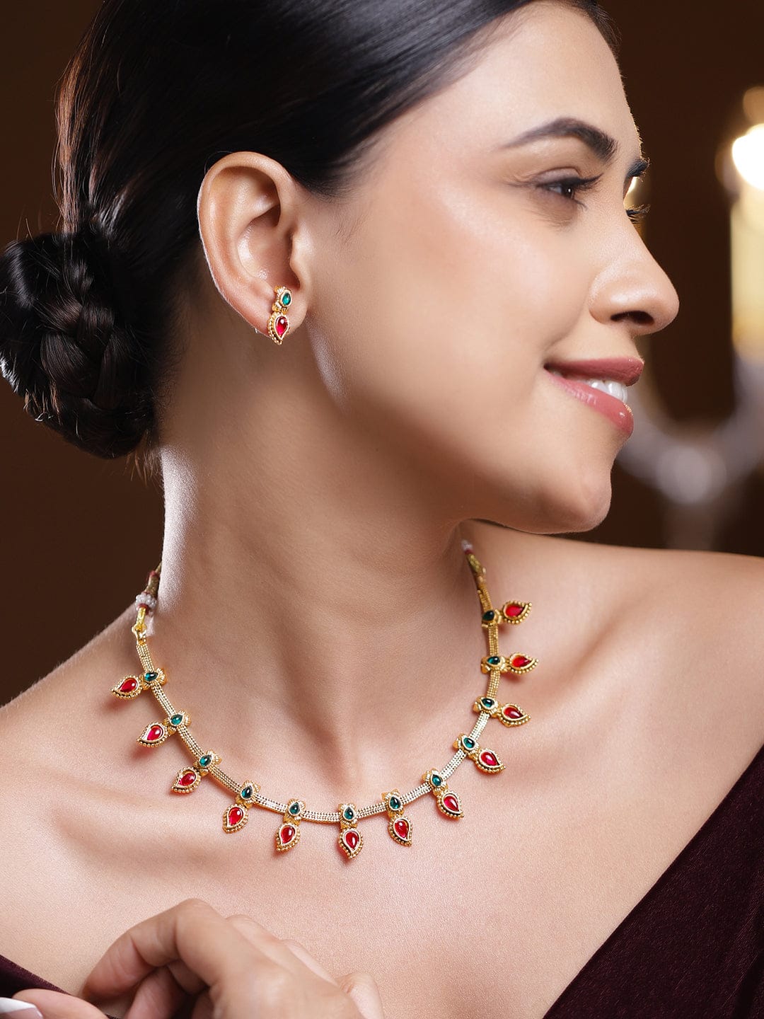 Red & Green Gold Necklace Set フリーサイズ