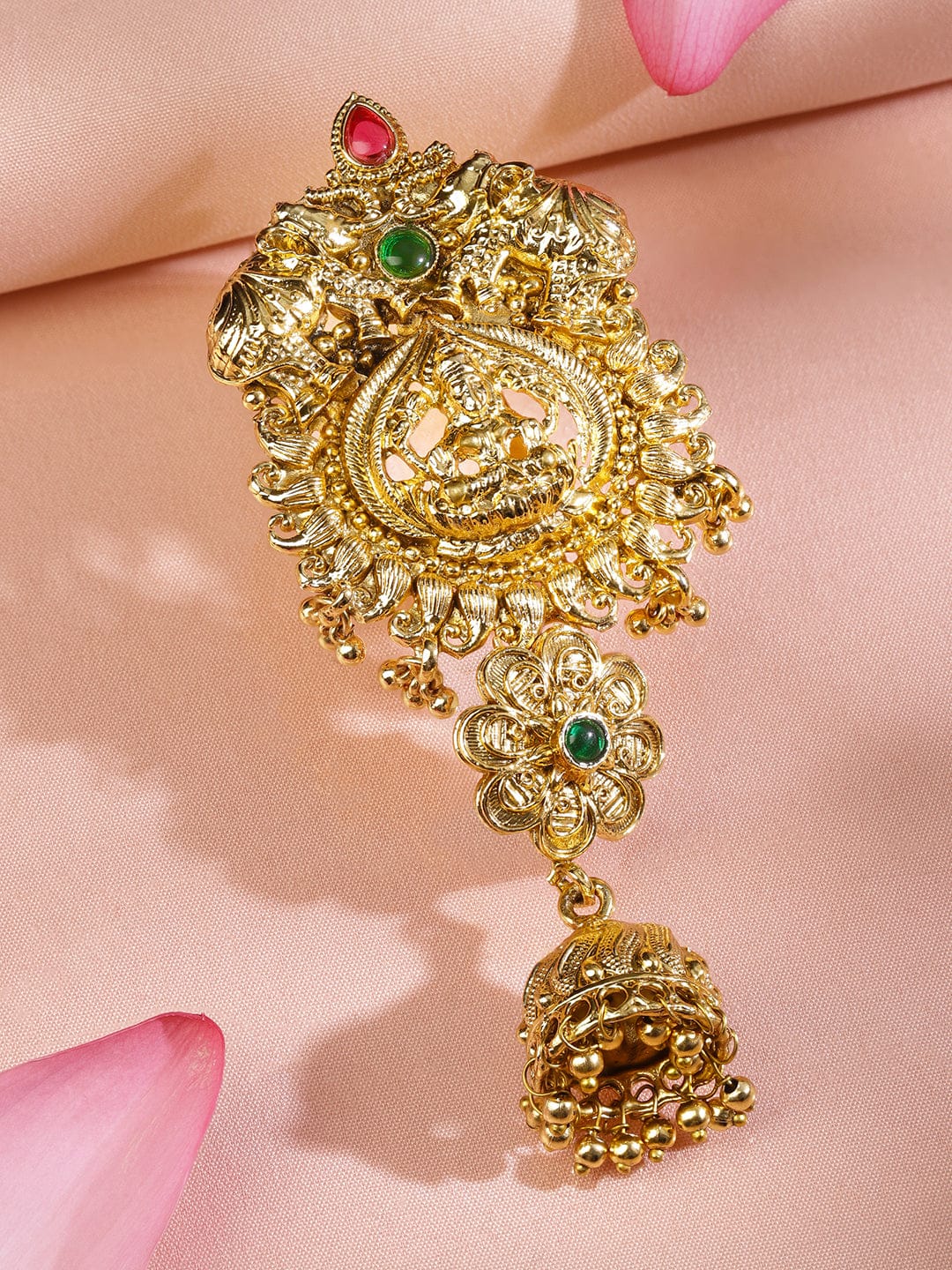 Rubans 22K Gold-Plated Ruby Pink & Emerald Green Stone Studded Temple Braid Hair Accessory with Divine Motif & Jhumka Drop フリーサイズ