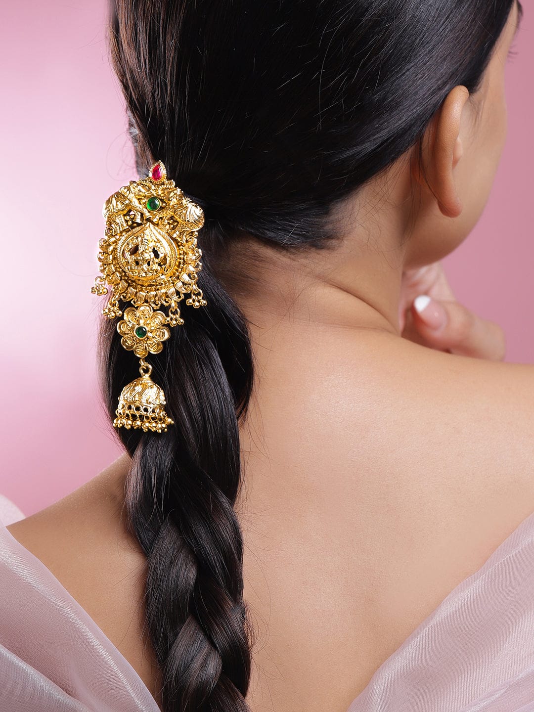 Rubans 22K Gold-Plated Ruby Pink & Emerald Green Stone Studded Temple Braid Hair Accessory with Divine Motif & Jhumka Drop フリーサイズ