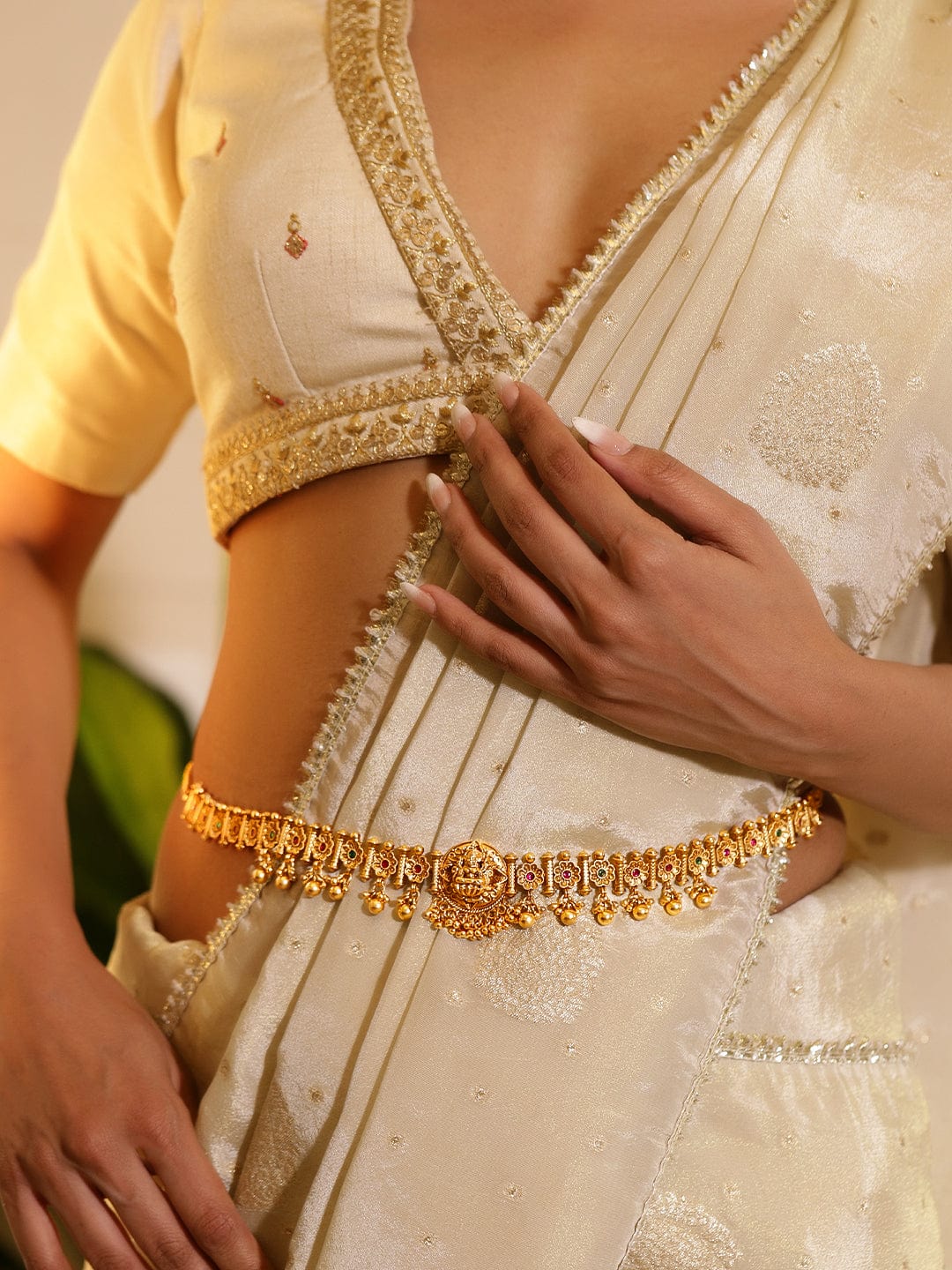 Rubans 22k Gold-Plated Ruby Pink, Emerald Green Stone Studed Handcrafted Temple Kamarbandh Pink & Green