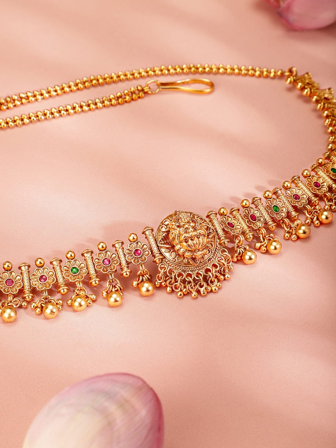 Rubans 22k Gold-Plated Ruby Pink, Emerald Green Stone Studed Handcrafted Temple Kamarbandh Pink & Green