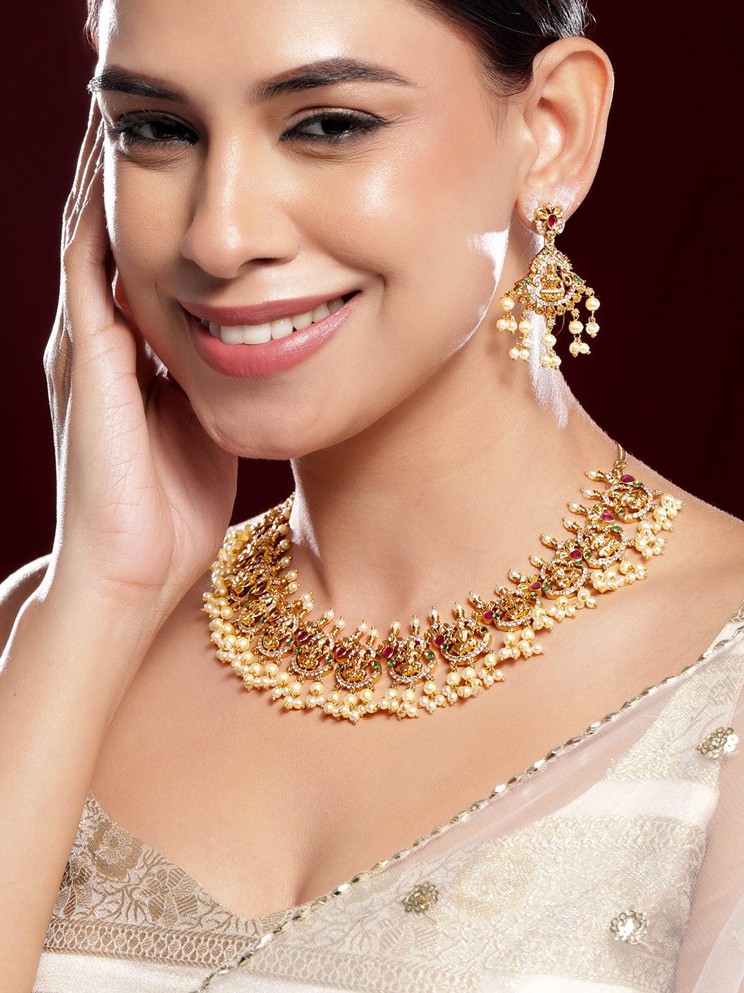 American Diamond Zirconia Pearl Drop Temple Necklace Set フリーサイズ