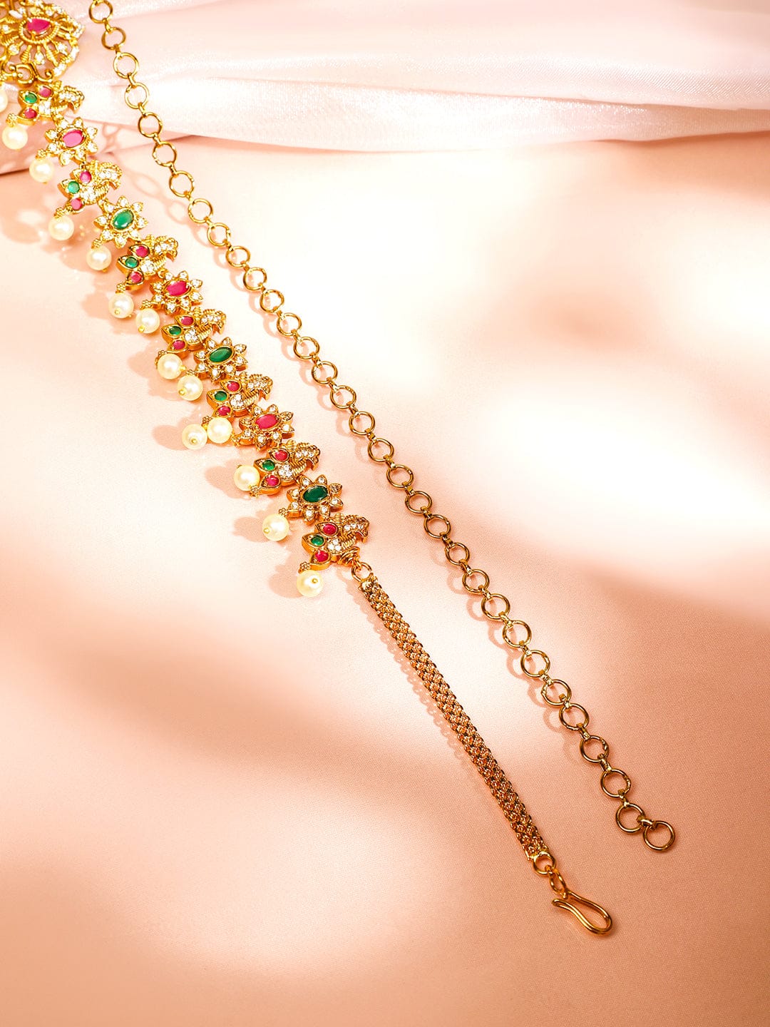 Rubans 22K Gold-Plated Ruby Pink Emerald Green & White Cubic Zirconia Studded Pearl Beaded Floral Traditional Kamarbandh Gold