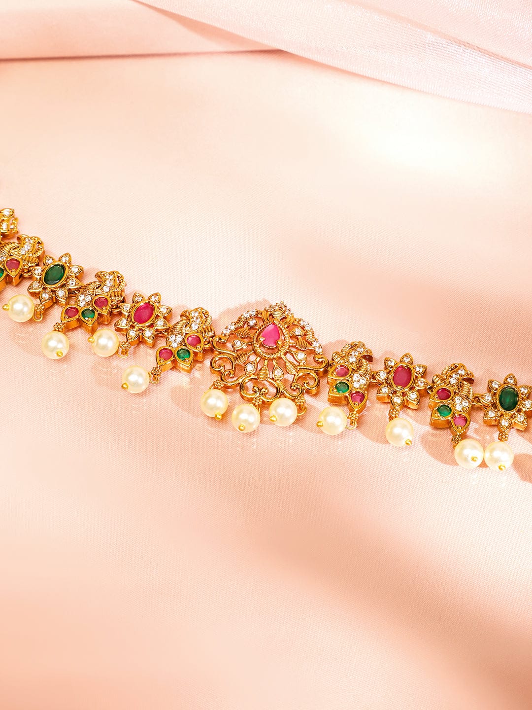 Rubans 22K Gold-Plated Ruby Pink Emerald Green & White Cubic Zirconia Studded Pearl Beaded Floral Traditional Kamarbandh Gold