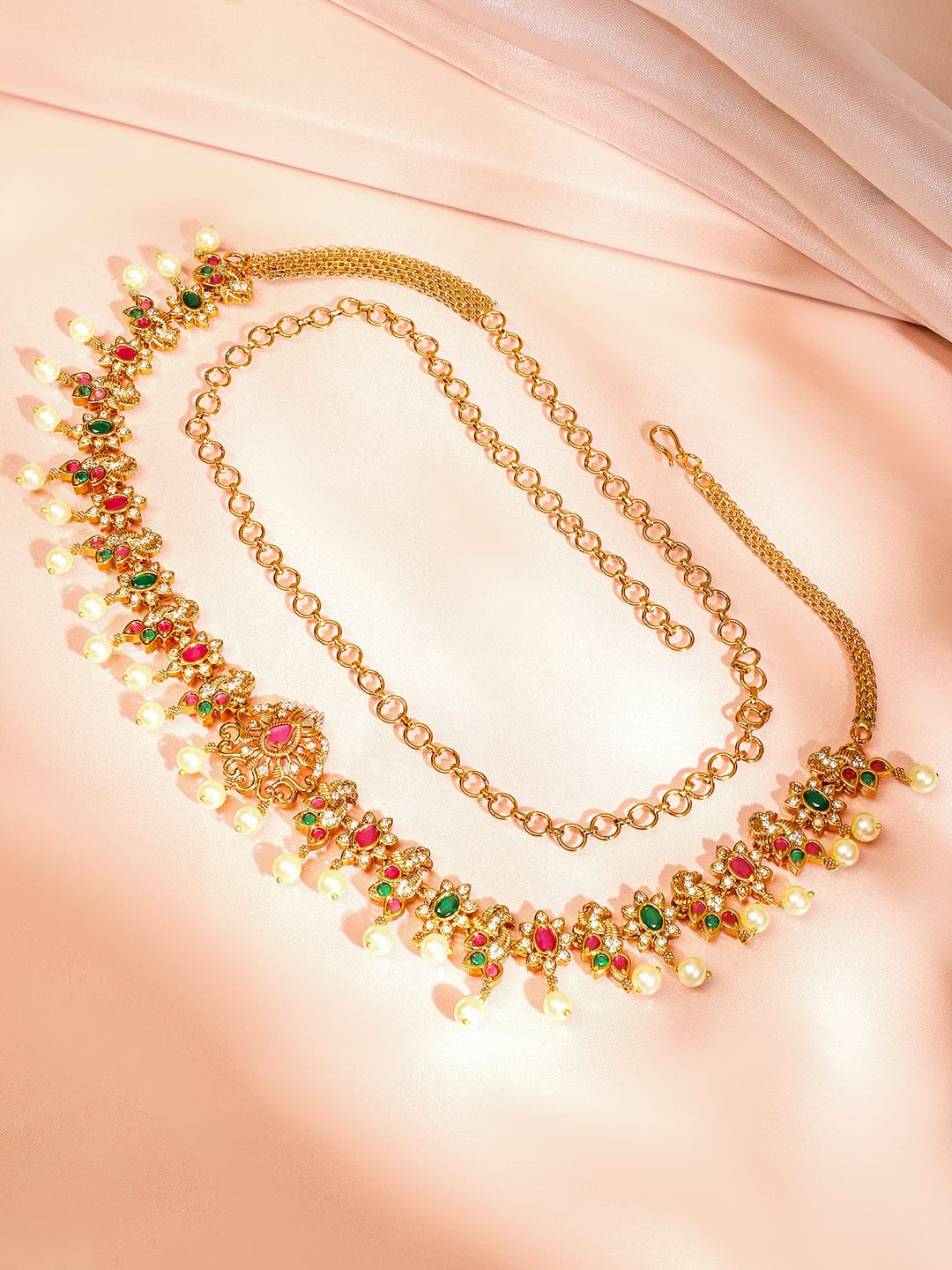 Rubans 22K Gold-Plated Ruby Pink Emerald Green & White Cubic Zirconia Studded Pearl Beaded Floral Traditional Kamarbandh Gold