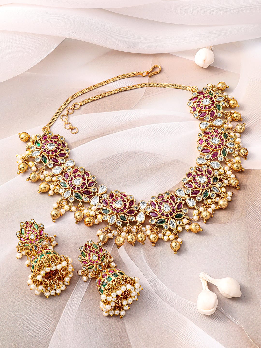 Red & Green Floral Design Studded Necklace Set フリーサイズ