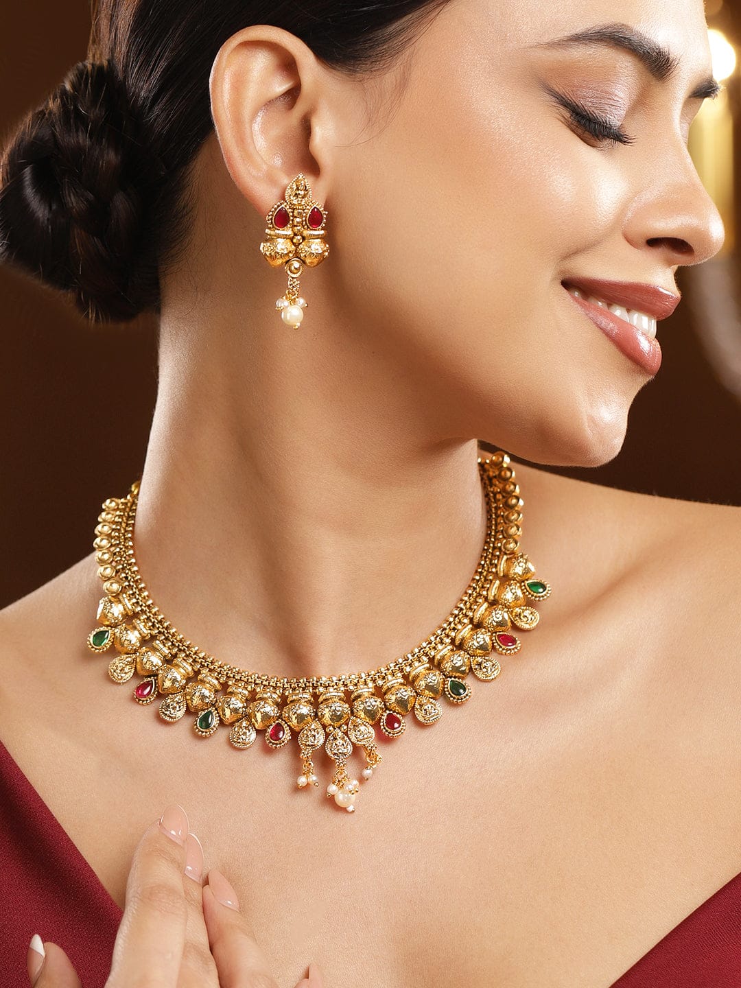 Red & Green Temple Gold Necklace Set フリーサイズ