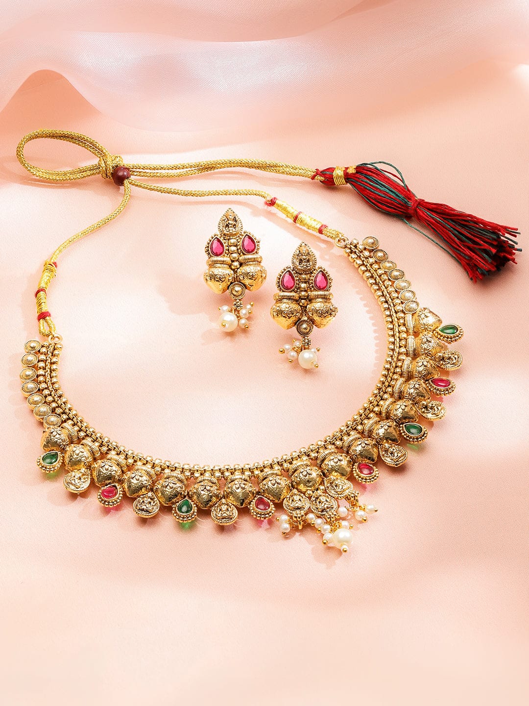 Red & Green Temple Gold Necklace Set フリーサイズ