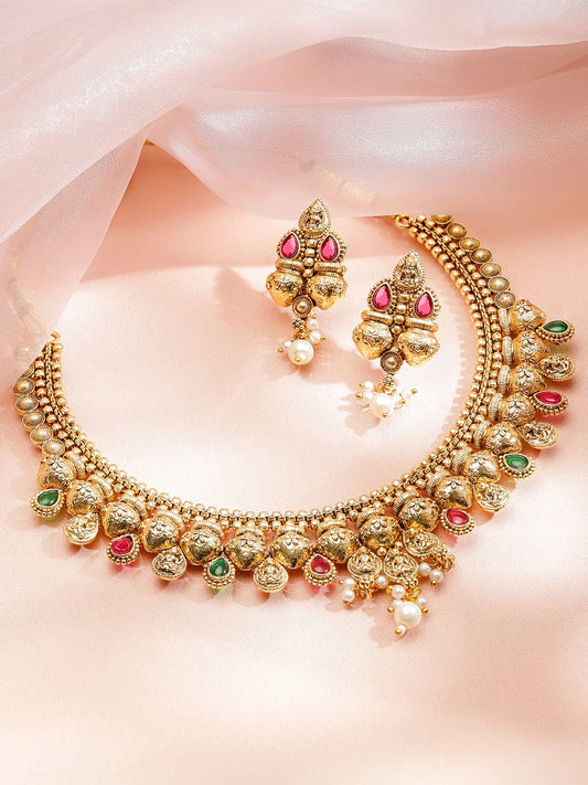 Red & Green Temple Gold Necklace Set フリーサイズ